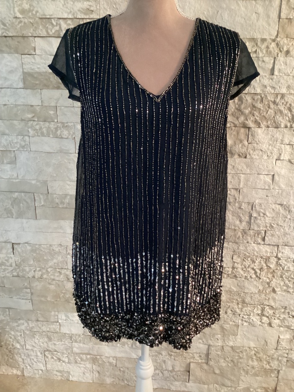 Kyla Seo Vintage 1920s Style Sequin Beaded Shift Dress Dark Navy Small